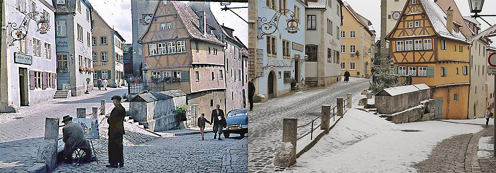 Rothenburg ob der Tauber - Die Koboldzeller Steige zweigt von Untere Schmiedegasse ab  - damals und heute