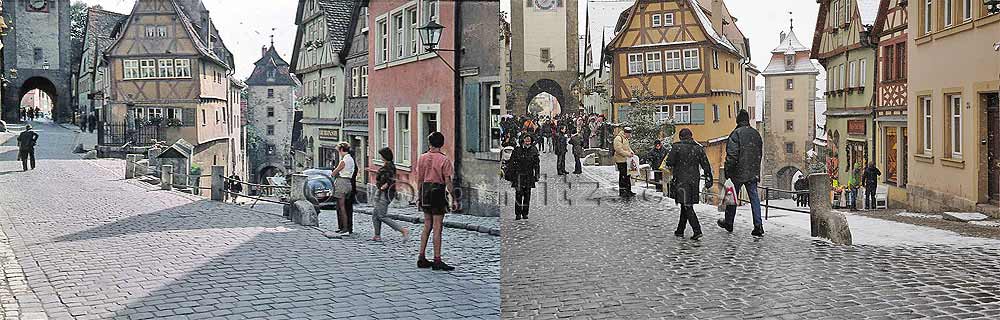 Rothenburg ob der Tauber - Die Koboldzeller Steige zweigt von Untere Schmiedegasse ab  - damals und heute